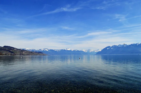Paisaje Lago Suizo Con Cordillera Superficie Agua Tranquila — Foto de Stock