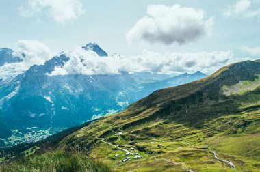 Yeşil çimenler ve dağ zirveleriyle yaz dağı manzarası. İsviçre Alpleri