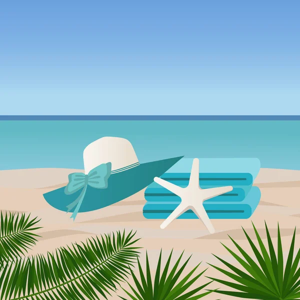 海滨度假的概念 一堆毛巾和一顶沙滩帽躺在沙滩上 上面装饰着一只海星 — 图库矢量图片
