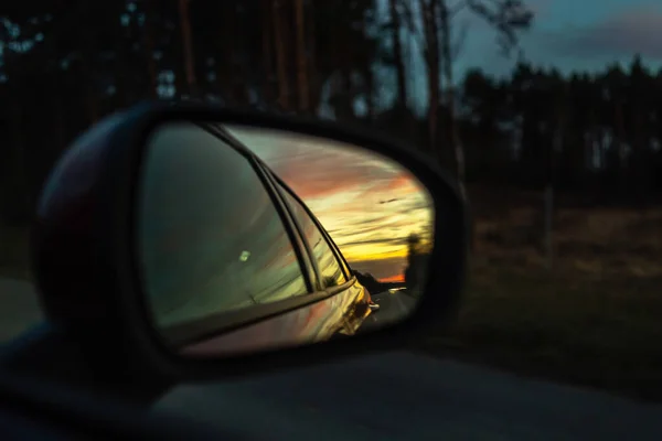 Reflected Road Rearview Mirror Sunset Rearview Mirror Car — Stock Photo, Image