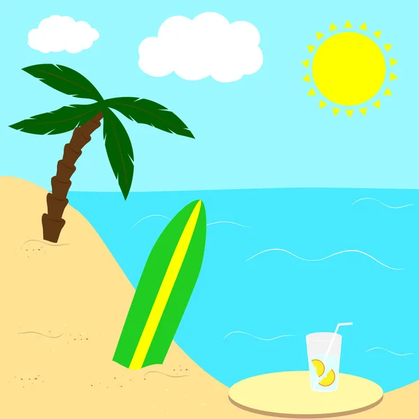 Illustration Vectorielle Plage Avec Palmier Planche Surf Verre Limonade — Image vectorielle