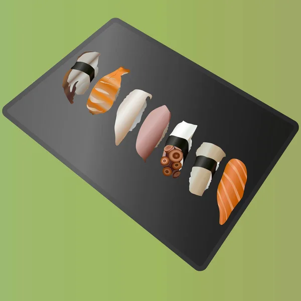 Sushi Japanische Menüvektorillustration Sushi Auf Einem Schwarzen Graphitbrett Lachs Sushi — Stockvektor