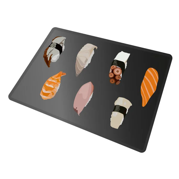 Sushi Japanische Menüvektorillustration Sushi Auf Einem Schwarzen Graphitbrett Lachs Sushi — Stockvektor