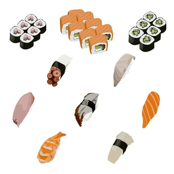 Sushi Ιαπωνικό Μενού Διανυσματική Απεικόνιση Ρολς Και Σούσι Απομονωμένα Λευκό — Διανυσματικό Αρχείο
