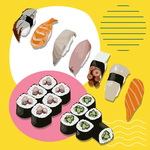Concepto Realista Del Diseño Fresco Del Sushi Fijó Ilustración Aislada — Vector de stock