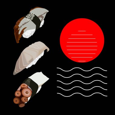 Gerçekçi taze suşi tasarımı konsepti. Suşinin siyah ve kırmızı vektör çizimi. Restoran reklamı, suşi barı. Japon mutfağının canlı bir çizimi. Ahtapot ve yılan balıklı suşi.