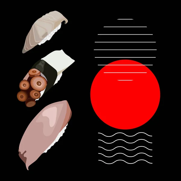 现实新鲜寿司的设计理念 寿司的红色和黑色矢量图解 为餐厅 寿司酒吧做广告 寿司与金枪鱼和章鱼 日本菜的生动例证 — 图库矢量图片