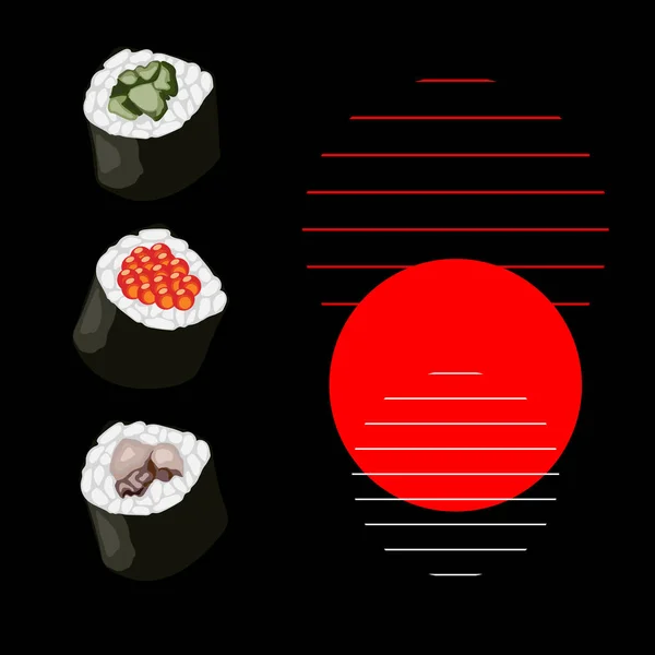 現実的な新鮮な寿司のデザインコンセプト 寿司の黒と赤のベクトルイラスト レストラン 寿司バーの広告 日本料理の鮮やかなイラスト キャビア キュウリ タコとロール — ストックベクタ
