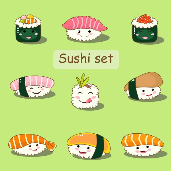 Zeichentrickfigur Asiatisches Essen Großer Aufkleber Set Mit Sushi Rolle Garnelen — Stockvektor
