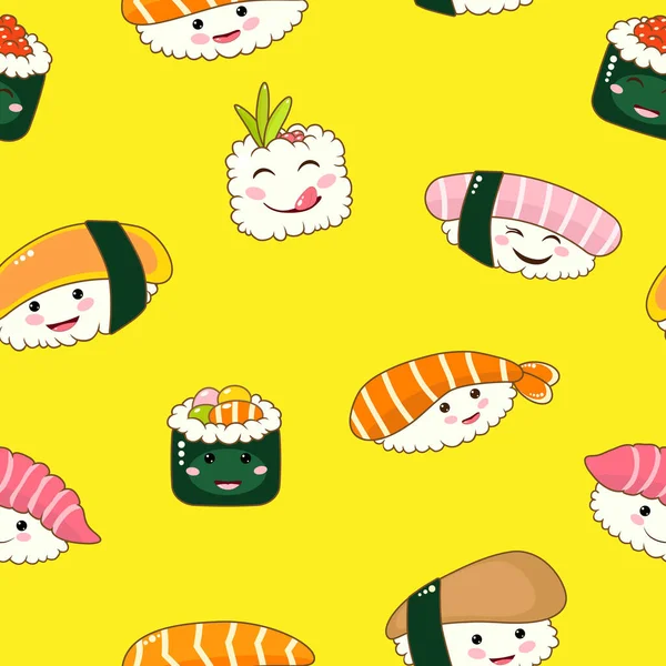 Niedliche Lustige Asiatische Japanische Sushi Charakter Nahtlose Muster Vector Handgezeichnete — Stockvektor