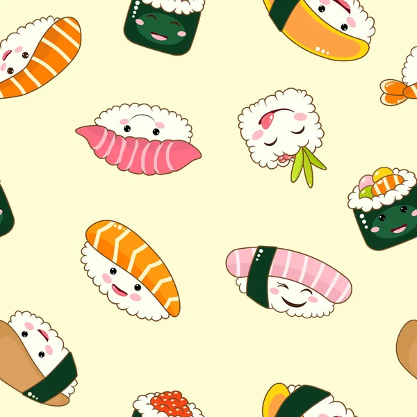 Cute Funny Asian Japanese Sushi Character Seamless Pattern Vector Hand — Stock Vector