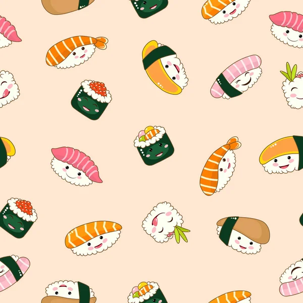 Mignon Drôle Asiatique Japonais Sushi Personnage Modèle Sans Couture Vecteur — Image vectorielle
