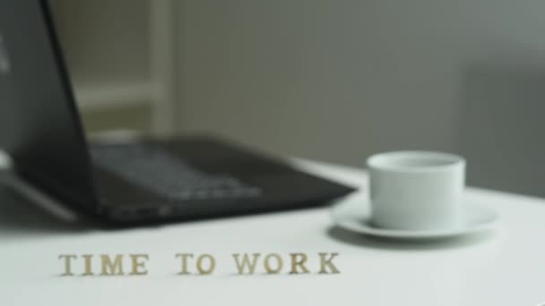 Time Work Inscription Made Wooden Letters Cup Saucer Laptop Focus — Stock Video