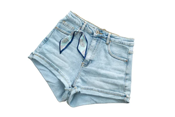 Bonito Calções Jeans Elegantes Com Uma Fita Cintura Isolado Fundo — Fotografia de Stock