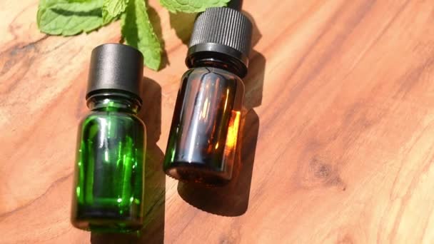 Brown Green Bottles Essential Oils Natural Cosmetics Skin Care Bottle — Stock video