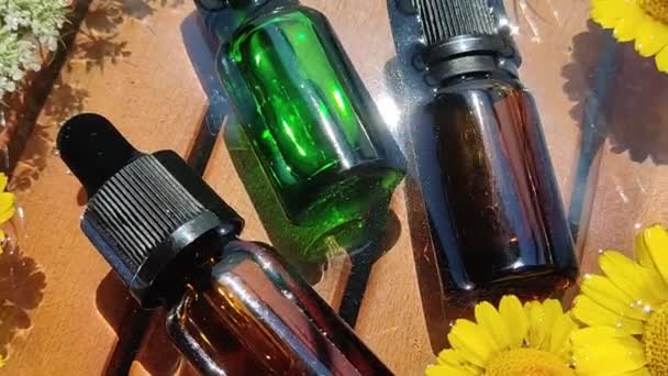 Brown Green Bottles Essential Oils Flowers Natural Cosmetics Skin Care — Wideo stockowe