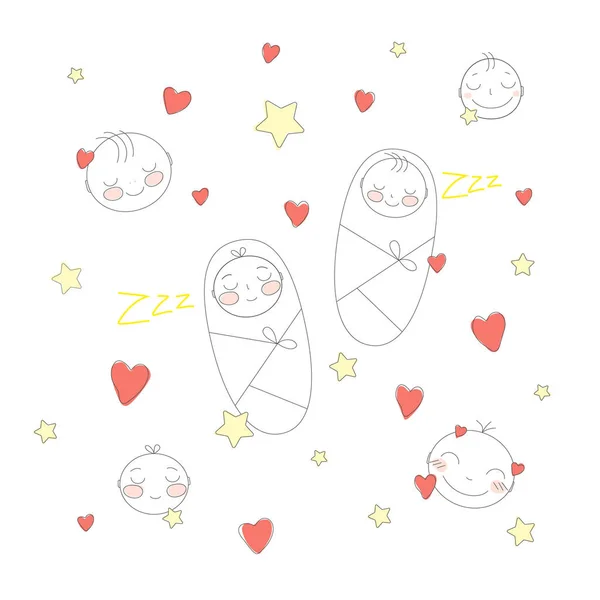 Bebés Adormecidos Giros Caras Crianças Enroladas Estrelas Corações Uma Ilustração — Vetor de Stock
