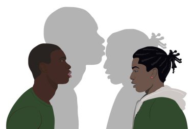 Yeşil elbiseli iki adam birbirine bakıyor. Profilde Afrikalı Amerikalılar var. Birbirine aşık LGBT topluluğu