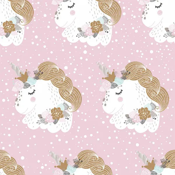 Vector unicorn background, gold and pink. Baby seamless pattern