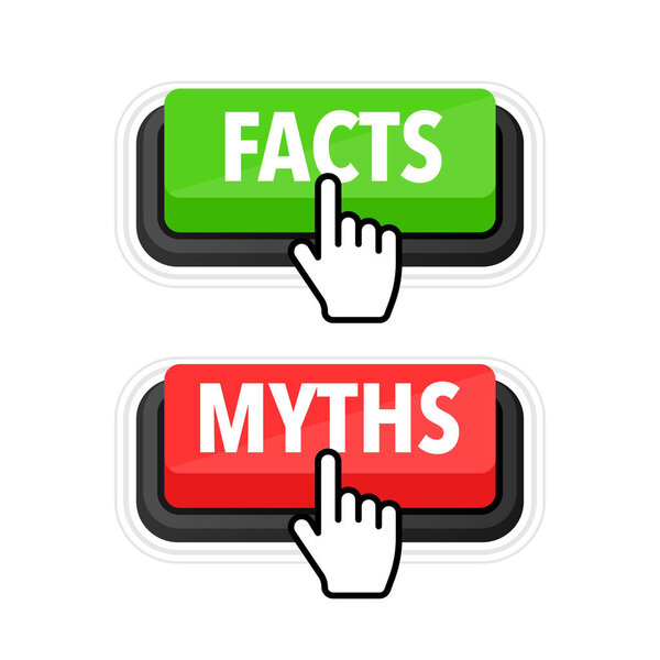 Facts vs myths, fact-checking. Check mark. Fake news. Rumors comparing with true information. Facts vs myths label