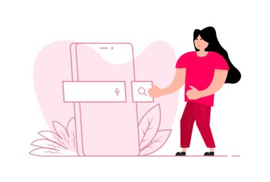 A woman stands near the smartphone, on the screen Search Bar. Search Address and navigation bar