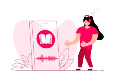 A woman stands near the smartphone, on the screen audio book. Distance education e-learning. Listen literature