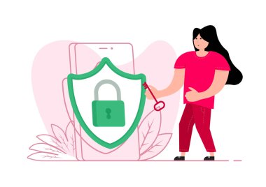 A man stands near the smartphone, on the screen protection shield and padlock. Opportunity, secure, data access