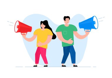 A man and a woman are standing near megaphone. Advertisement campaign, promotion, marketing