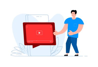 A man stands near the smartphone, on the screen web videos player or social media live stream. Movie internet media. Video tutorial. Live watching a video.