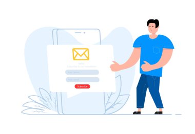 A man stands near the smartphone, on the screen Subscription to newsletter, Email Marketing.