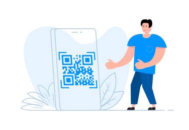 A man stands near the smartphone, on the screen QR code with scan me icon.