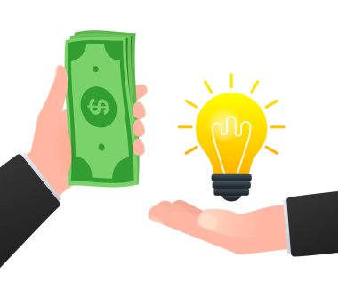 Idea for money. Hand holds money and light bulb. Crowdfunding concept. Exchanging ideas for money