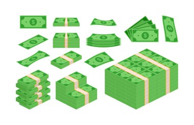 Huge packs of paper money. Dollar bills. Twisted paper bills and stack of currency banknotes.