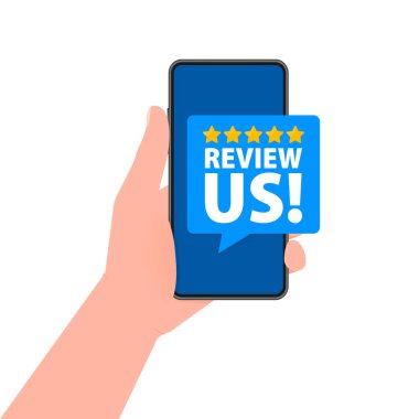 Review us. User rating label on smartphone screen. Review and rate us stars . Vector illustration