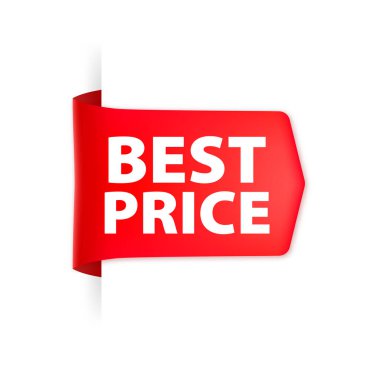 Best price red label with ribbon. Vector illustration.