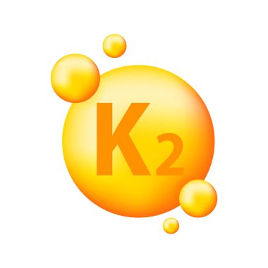 Vitamin K2 with realistic drop. Particles of vitamins in the middle. Vector illustration