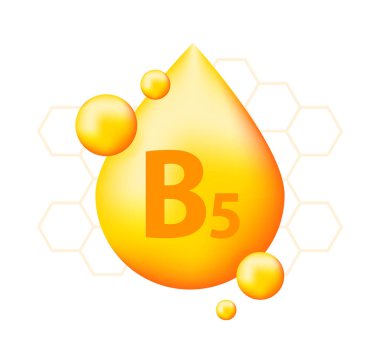 Gerçekçi damlası olan B5 vitamini. Vitamin parçacıkları ortada. Vektör illüstrasyonu