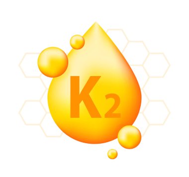 Vitamin K2 with realistic drop. Particles of vitamins in the middle. Vector illustration