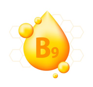Vitamin B9 with realistic drop. Particles of vitamins in the middle. Vector illustration