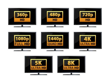 Video ve TV Boyut Çözünürlüğü sd, Hd, Ultra Hd, 4k, 8k. Ekran çözünürlüğü. Vektör illüstrasyonu