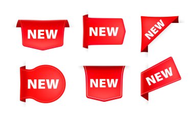 Yeni yazılı kırmızı kurdele. Banner Ribbon Etiketi Yeni. Vektör illüstrasyonu
