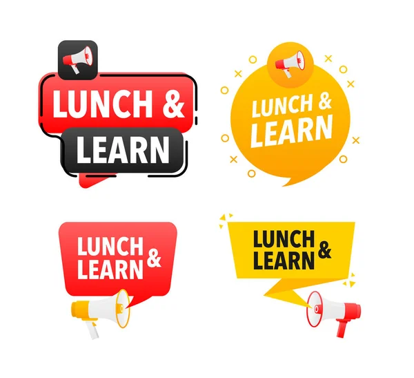 Megaphone Label Set Textovým Obědem Učit Oběd Naučit Ohlašovat Banner — Stockový vektor