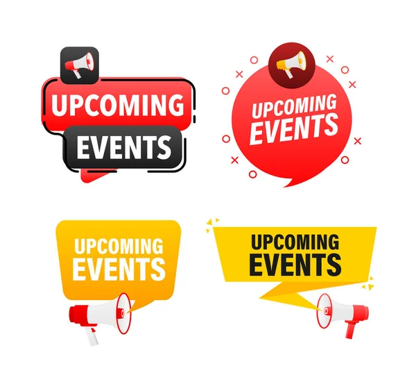 Megaphone Label Set Text Upcoming Events Upcoming Events Announcement Banner — Stock Vector