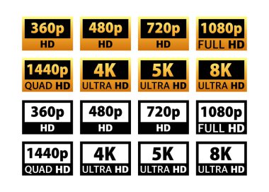 Video ve TV Boyut Çözünürlüğü sd, Hd, Ultra Hd, 4k, 8k. Ekran çözünürlüğü. Vektör illüstrasyonu