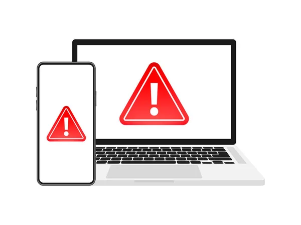 Dikkat Mesajı Dizüstü Bilgisayarda Akıllı Telefon Ekranında Alarm Işareti Tehlike — Stok Vektör