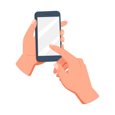 Beyaz arka planda boş ekranı olan bir cep telefonu. Parmak dokunuşu. Akıllı telefonu tutan el.
