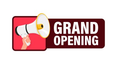 Büyük açılış. Duyuru için el ele megafon hoparlörü. Lütfen dikkat. Bağıran insanlar, reklam konuşma sembolleri.