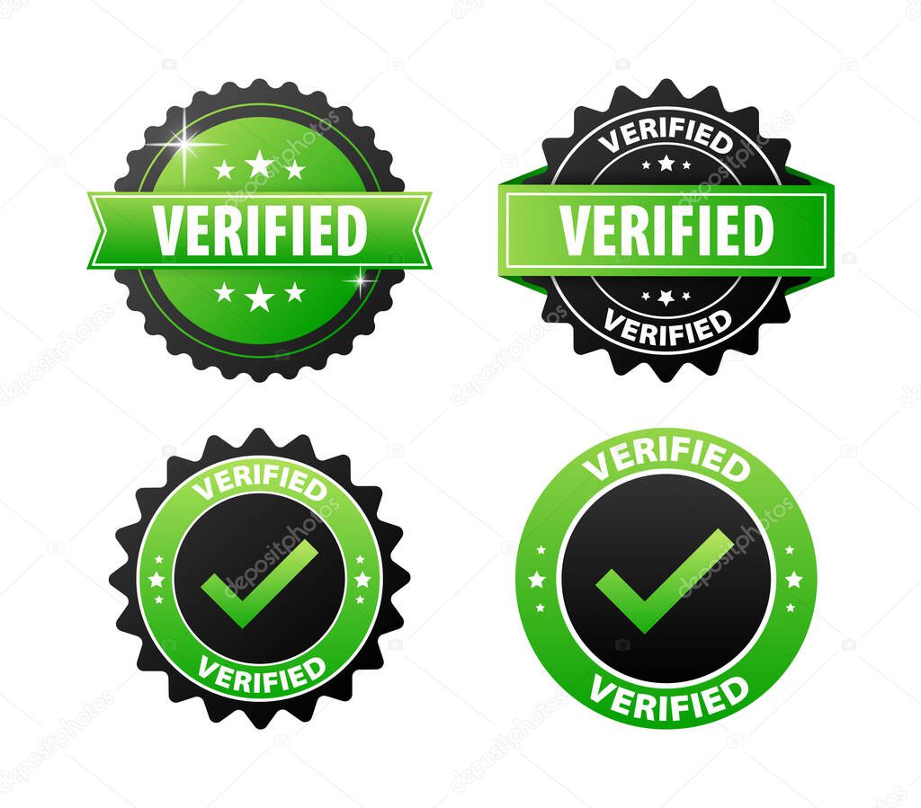Verified stickers, green and black label on white background.