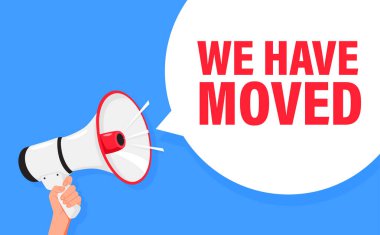 Biz taşındık. Duyuru için el ele megafon hoparlörü. Lütfen dikkat. Bağıran insanlar, reklam konuşma sembolleri..