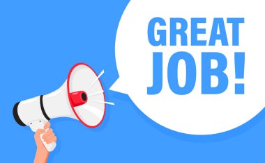 İyi iş çıkardın. Duyuru için el ele megafon hoparlörü. Lütfen dikkat. Bağıran insanlar, reklam konuşma sembolleri..